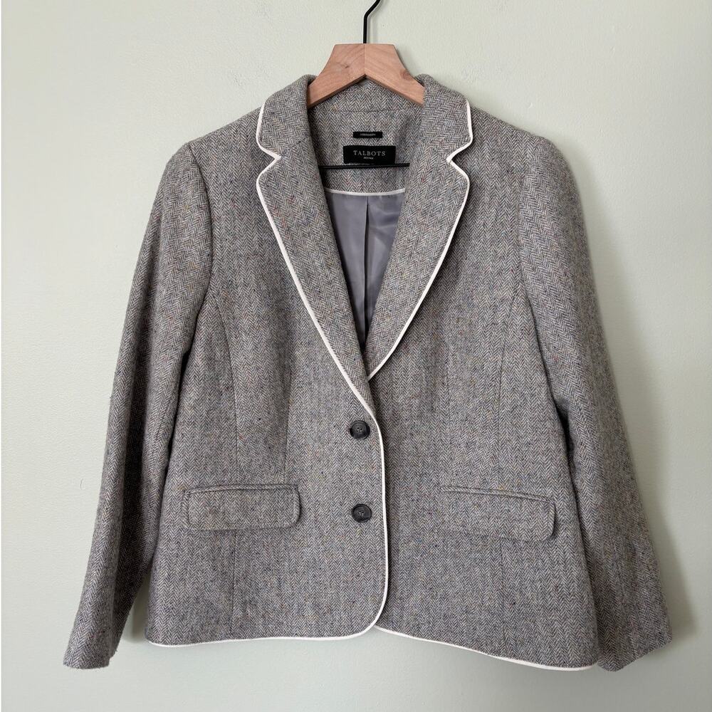 Talbots Arbedeen Herringbone Gray Blazer 10 P White Piping